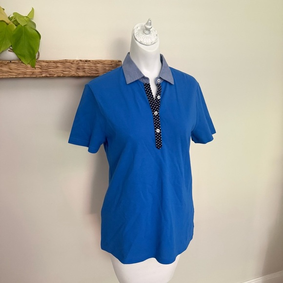Brooks Womens Polo Shirt Blue Short Sleeve Chambray Collar Polka Dot Trim M - Picture 2 of 9